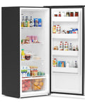 Interior view of Twenty One Cubic Feet Upright Convertible Refrigerator Freezer Combo With Adjustable Drawers filled with food and drinks.