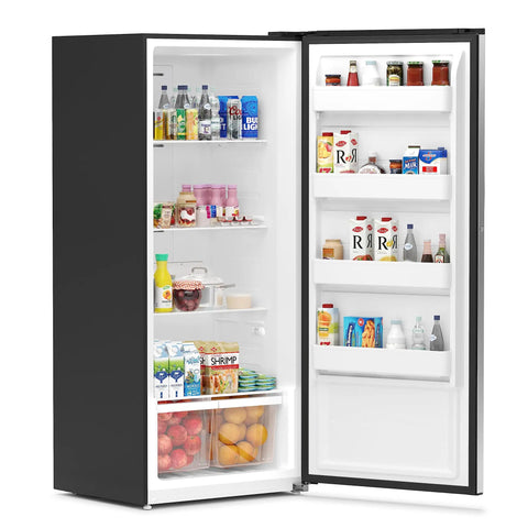 Interior view of Twenty One Cubic Feet Upright Convertible Refrigerator Freezer Combo With Adjustable Drawers filled with food and drinks.