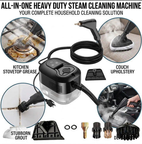Heavy Duty 2500W Handheld Steam Cleaner With 4.5 Bar Pressure And 1200Ml Tank showing attachments for couch, stovetop, grout, and car cleaning.