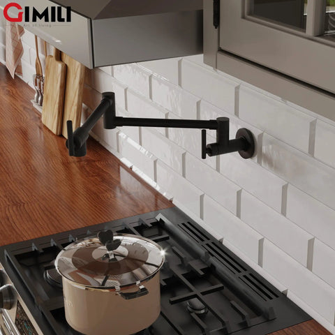 Slick Matte Black Pot Filler Faucet With A 24 Inch Swivel Arm and Smooth Dual Handles over a stove with a pot.