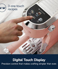 Digital touch display on Compact Espresso Machine And Cold Brew Coffee Maker With Automatic Milk Frother Wand for easy coffee recipes.