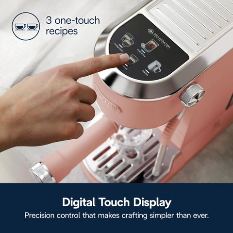Digital touch display on Compact Espresso Machine And Cold Brew Coffee Maker With Automatic Milk Frother Wand for easy coffee recipes.