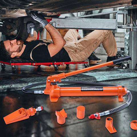 10 Ton Portable Hydraulics Porta Power Kit With 4.6 Ft Long Hose And Extended Handle Auto Body Frame Repair Jack System Includes Sturdy Carry Case for heavy lifting tasks.