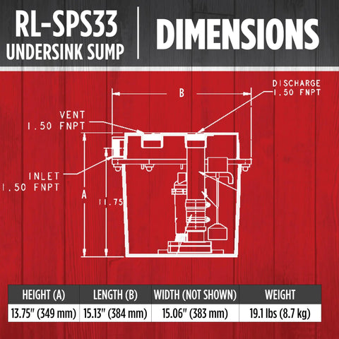 Dimensions diagram of One Third HP 115 Volt Under Sink Sump Pump System With Six Gallon Basin Delivers About 3200 GPH For Laundry Trays.