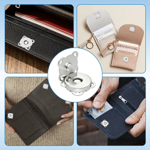 40 Sets Magnetic Snaps 14mm Silver Clasps Set For Purses And Totes, Fabric DIY Crafts, shown installed on various bags