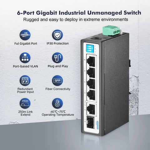 Six Port Mini Gigabit Industrial DIN Rail Switch With Four 100 1000 Mbps Ethernet Ports One Gigabit Uplink And One Gigabit SFP