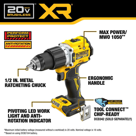 Front view of 20V Max XR Cordless Impact Driver with ergonomic handle, metal ratcheting chuck, and tool connect chip-ready feature.