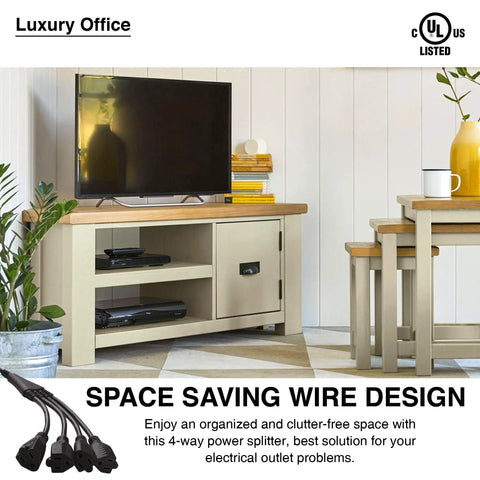 Luxury office setup with 4 Way Power Splitter and 1 to 4 Extension Cord Splitter, 12 Foot Long Black Y Style Extension Cord visible.