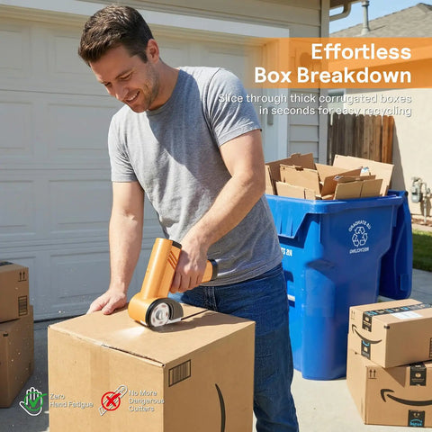 Man using Automatic Electric Scissors For Fabric And Carpet Cutting Rechargeable Cordless Power Craft Tool to cut cardboard boxes.