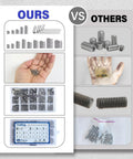Comparison image showing Massive 1305 Piece Metric And SAE Set Screw Kit With Internal Hex Drive Headless Screws, Includes 10 Hex Wrenches And Tweezers, M3 To M8 And 1/8 To 5/16 Inch, 304 Stainless Steel next to competitors' kits, highlighting the quality and assortment of screws, hex wrenches, and detailed organization.