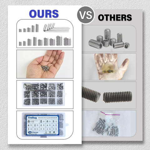 Comparison image showing Massive 1305 Piece Metric And SAE Set Screw Kit With Internal Hex Drive Headless Screws, Includes 10 Hex Wrenches And Tweezers, M3 To M8 And 1/8 To 5/16 Inch, 304 Stainless Steel next to competitors' kits, highlighting the quality and assortment of screws, hex wrenches, and detailed organization.