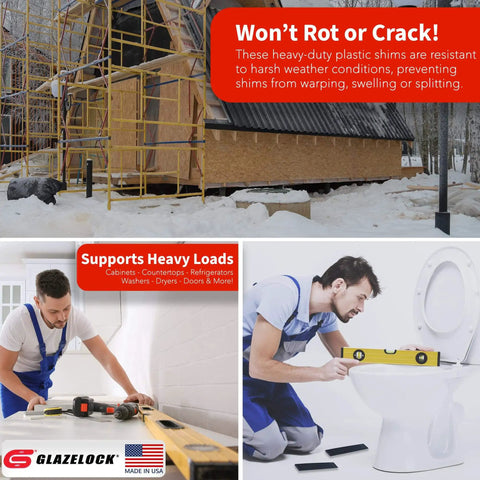 Prescored Plastic Shims For Leveling 12 Pack Quick Snap Wedges To Level Doors Windows Cabinets Toilet Shims DIY Friendly Pro Grade Indoor Outdoor Use Made In USA displayed during construction and leveling projects