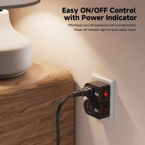3 Pack Grounded Outlet Switch With On Off Single Outlet Adapter For Wall Outlet Turn Off Hard To Reach Appliances Easily And Save Energy At Home Office Or Studio Black plugged into a wall outlet, showing on/off control with indicator light.