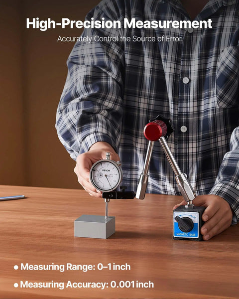 Person using Dial Test Indicator With Magnetic Flexible Base Stand for Precision Machining, 0.001 Inch Accuracy, 0-1 Inch Range