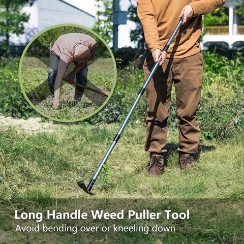 Person using Long Handle Weed Puller Tool 58 Inch, 2 In 1 Weeder Rake And Garden Hoe Combo on lawn, avoiding bending over.