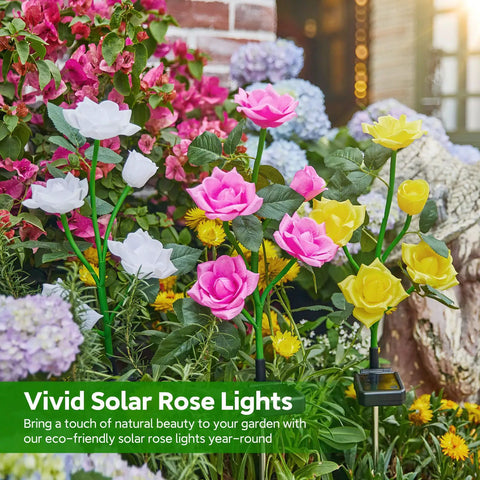 Solar Garden Lights Outdoor Decorative 3 Pack Rose Flower Pathway Lights With 7 Color Changing LEDs among garden flowers