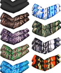 9 Pairs Unisex UV Protection Arm Sleeves Ice Silk Cooling Covers For Outdoors in Camouflage and Black, shown as a set