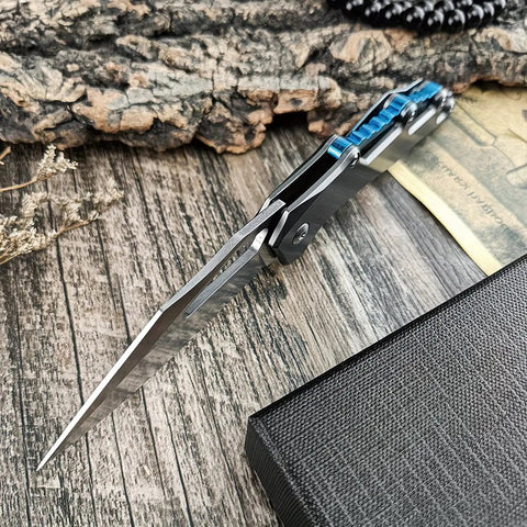 Open Folding Pocket Knife With D2 Steel Blade And Lightweight T6 Aluminum Alloy Handle on wooden surface
