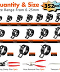 All In One 352 Piece Spring Hose Clamp Kit With Rotary Clamp Pliers and Pipe Removal Pliers includes 6mm to 25mm clamps