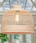 Handwoven Rattan Pendant Light Large Wicker Chandelier Boho Style Hanging Fixture in bright living room ambiance.