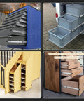 Collage showing heavy duty locking drawer slides with full extension ball bearing side mount rails, ideal for various cabinetry applications.