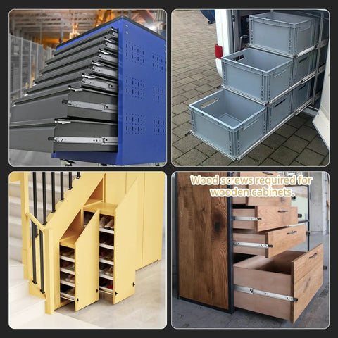 Collage showing heavy duty locking drawer slides with full extension ball bearing side mount rails, ideal for various cabinetry applications.