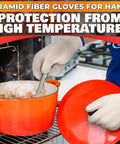 Person using Aramid Heat Resistant Cooking Gloves For Indoor And Outdoor Use Perfect For Baking Grilling Pot Handling And Smoking Up To 896 Degrees Fahrenheit White Kitchen Oven Mitts while handling red pot on stove.