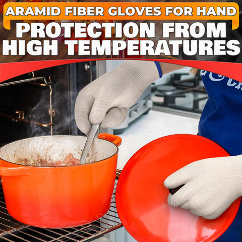 Person using Aramid Heat Resistant Cooking Gloves For Indoor And Outdoor Use Perfect For Baking Grilling Pot Handling And Smoking Up To 896 Degrees Fahrenheit White Kitchen Oven Mitts while handling red pot on stove.