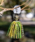Weedless Bass Jig With Bladed Vibration Tech For Pike Walleye Muskie Six Color Lures Set hanging on branch outdoors.