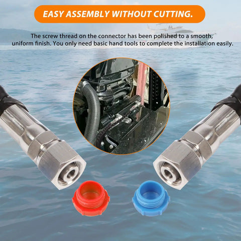 Universal 2 Piece 20 Foot Hydraulic Steering Hose Kit With Stainless Steel Quick Connector close-up, marine background