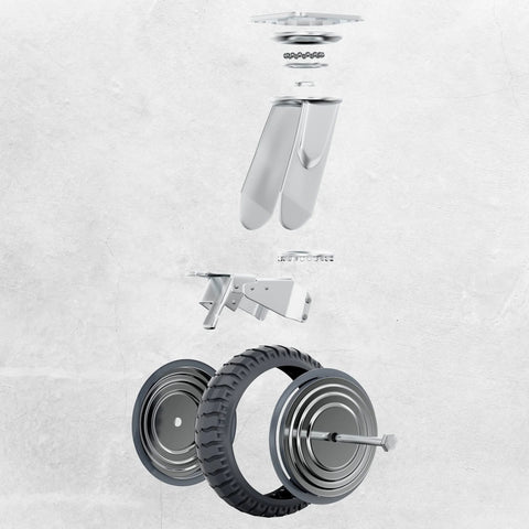 Exploded view of 8-inch all-terrain caster wheel assembly showing rubber tire, metal hub, mounting bracket, and brake components.