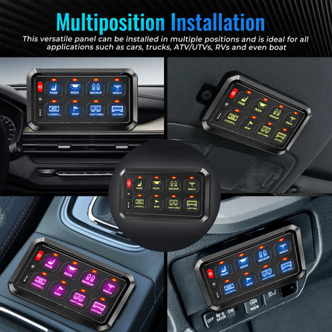 RGB Eight Gang Switch Panel For 12 24V Automotive Systems With Bluetooth App Control shown in various installations