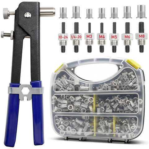 Rivet Nut Tool Kit With 7 Mandrels And 444 Rivet Nuts In Rugged Aluminum Case For SAE And Metric Sizes 10-24, 1/4-20, M3, M4, M5, M6, M8