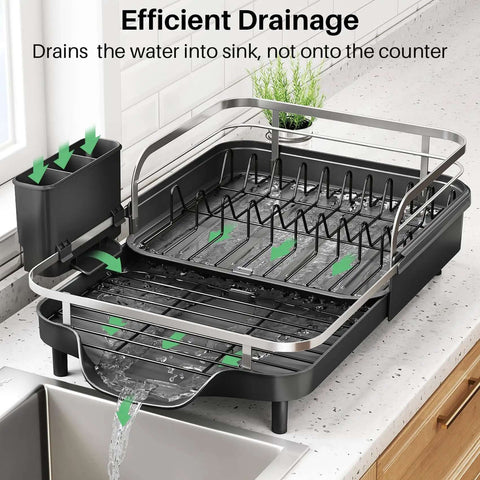 Expandable Dish Drying Rack For Kitchen Counter With Drainboard And Utensil Holder, Space Saving Stainless Steel Drainer