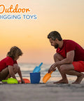 Father and child playing with 4 Pack Beach Shovels For Kids 8 Inch Heavy Duty Plastic Sand Shovels at sunset on the beach.