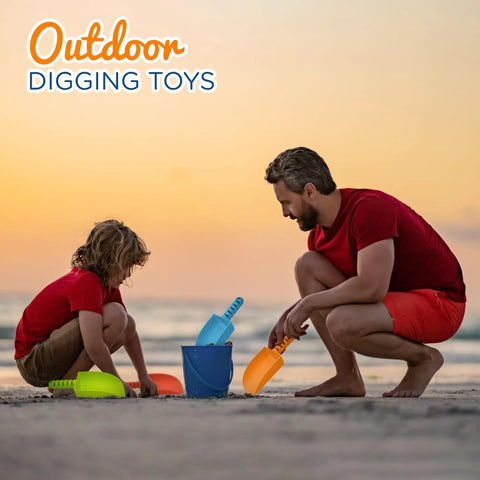 Father and child playing with 4 Pack Beach Shovels For Kids 8 Inch Heavy Duty Plastic Sand Shovels at sunset on the beach.
