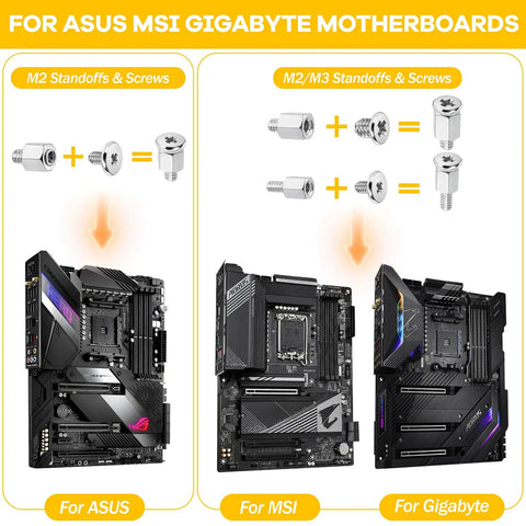 Top Shelf M.2 Ssd Mounting Screws 34 Pc Kit With M2 And M3 Standoffs For Asus Msi Gigabyte Motherboards Laptops Desktops No Sweat Setup Smooth Upgrade Builds with motherboard images and standoffs.