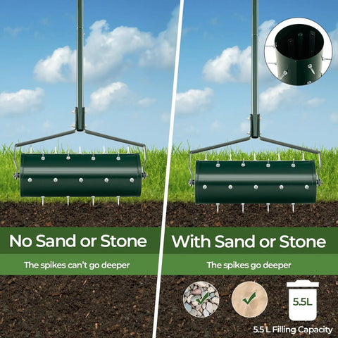 Rolling Lawn Aerator With Ergonomic Handle And Sand Or Stone Fill 18 Inch Wide Dethatching Tool For Yard And Garden DIY Friendly Manual Push Aerator For Healthier Turf And Superior Lawn Care showing depth comparison in soil impact with and without fill