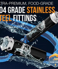 RV Fresh Water Drinking Hose 35 Feet With Kink Free Design showcased with stainless steel fittings against water splash.