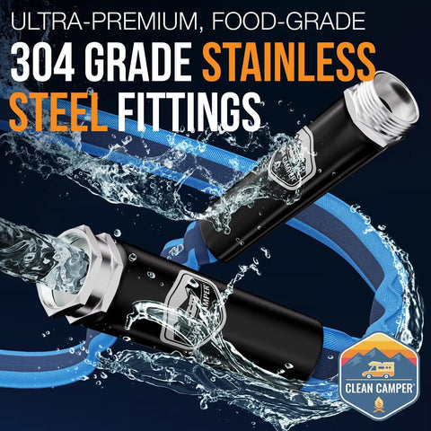 RV Fresh Water Drinking Hose 35 Feet With Kink Free Design showcased with stainless steel fittings against water splash.