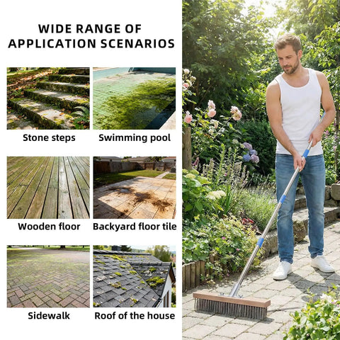 A person using a Stainless Steel Wire Scrub Brush With A 62 Inch Long Handle For Heavy Duty Cleaning Of Decks Concrete Patios Gardens And Garages