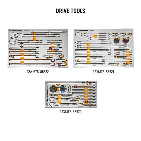 1024 Piece Master Mechanics Tool Set With Premium Modular Foam Trays And GSX Mobile Tool Storage Built For Pros And Serious DIYers Includes Drive Tools Sockets Ratchets Wrenches Pliers Screwdrivers Bolt Biter Extractors, showing organized tools in foam trays from top view.
