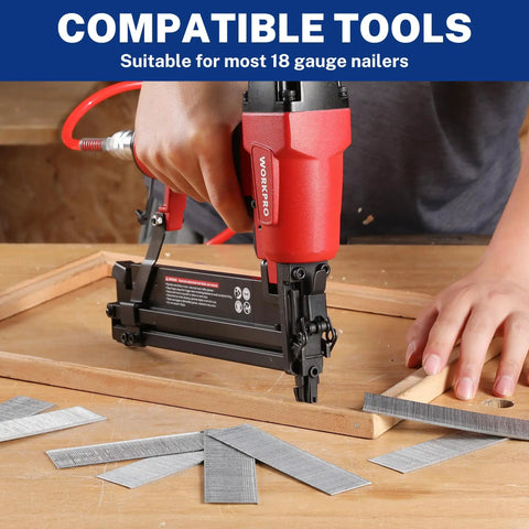Kickass 18 Gauge Brad Nails 6000 Count Zinc Plated Steel 1 1 2 Inch Heavy Duty Anti Rust Sharp Chisel Tip in nailer hand