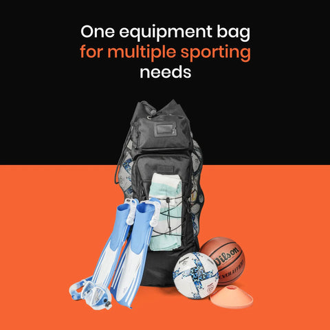 Heavy Duty Large Soccer Mesh Equipment Bag With Adjustable Shoulder Strap for Coaches, filled with sports gear, shown on display
