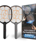 Two Pack Electric Fly Swatter Racket Set, AA Battery Powered Bug Zapper For Indoor Outdoor Use, Mosquito And Fly Killer, Black And Gray.