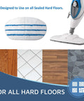 8 Pack Steam Mop Pads For ThermaPro 10-In-1 shown with sealed hard floor types and mop head attachment.