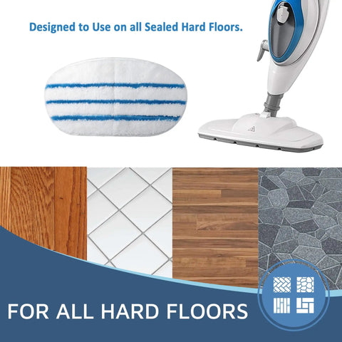 8 Pack Steam Mop Pads For ThermaPro 10-In-1 shown with sealed hard floor types and mop head attachment.