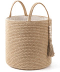 Dope Natural Rope Woven Storage Basket With Wooden Bead Handles Macrame Organizer For Blankets, Toys, Clothes, Shoes And Plants Indoor Home Decor Bin In Brown 28x28 Cm