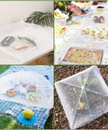 7 Pack Outdoor Mesh Food Covers Set with One Extra Large 40 by 24 Inch and Six Standard 17 Inch Covers over food plates and plants