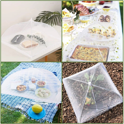 7 Pack Outdoor Mesh Food Covers Set with One Extra Large 40 by 24 Inch and Six Standard 17 Inch Covers over food plates and plants